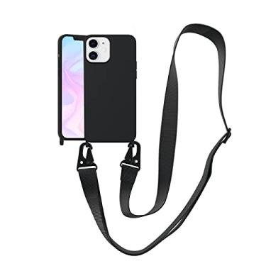 Imagem de VooDirop Capa compatível com iPhone 12 Mini com cordão transversal, capa para iPhone com alça ajustável, à prova de choque, proteção contra quedas, capa de silicone para iPhone 12 Mini de 5,4 polegadas, preta