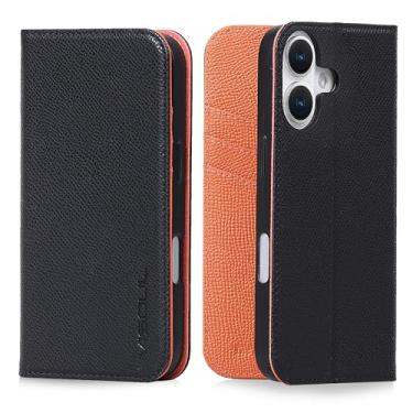 Imagem de VISOUL Capa carteira compatível com iPhone 16 com suporte para cartão, couro real, cor contrastante, suporte magnético, flip, capa fólio, designer para iPhone 16 (6,1 polegadas), preto + laranja