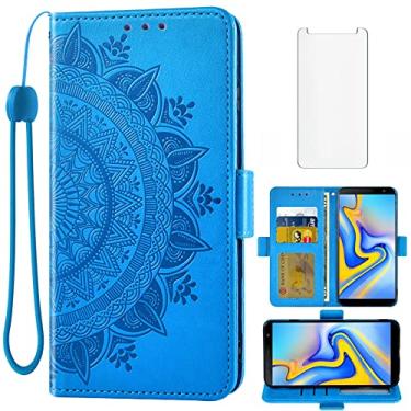 Imagem de Capa carteira compatível com Samsung Galaxy J6 Plus 2018, protetor de tela de vidro temperado, porta-cartões, alça de pulso, capa de celular para Gaxaly J6 Prime Glaxay J6+ J6Plus SM J610G J610M azul
