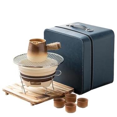 Imagem de Conjunto de chá de fogão, conjunto de chá portátil para viagem, conjunto de chá, fogão de cerâmica, bule de chá, fogão de carbono, rack antiengomar, xícara de chá, caixa de presente. Em azul.