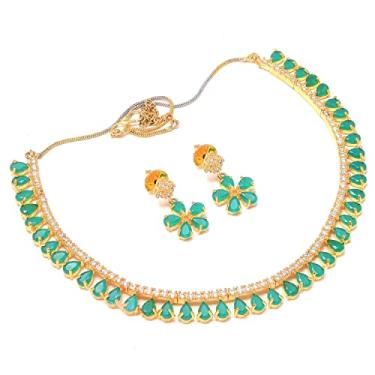 Imagem de Conjunto de colar indiano Bollywood JewarHaat AD CZ elegante banhado a ouro multi pedras cristais brilhantes gargantilha com brincos joias modernas para mulheres e meninas, Banhado a ouro, Zircônia cúbica