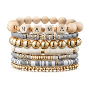 Imagem de Y1tvei Conjunto de 7 pulseiras de surfista Heishi Coloridas Preppy Feliz Sorriso Olho Malvado Contas Argila Esticável Disco Boho Empilhável Y2K Kidcore Estética Verão Praia Jóias para Mulheres Meninas, Acrílico, acrílico