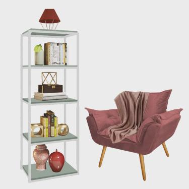 Imagem de Kit Poltrona Fatte com Manta Soft Salmão e Estante Livreiro Ferro Branco mdf Verde Oliva Suede Rose Gold - Ahazzo Móveis