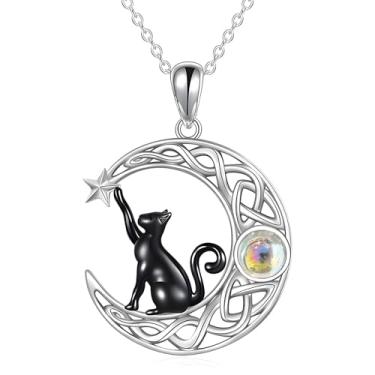 Imagem de Dtexhif Colar de gato preto e lua para mulheres, banhado a prata, celta, gato preto, pedra da lua, joia para mulheres amantes de gatos, Moderate type, Metal, Sem Pedra Preciosa