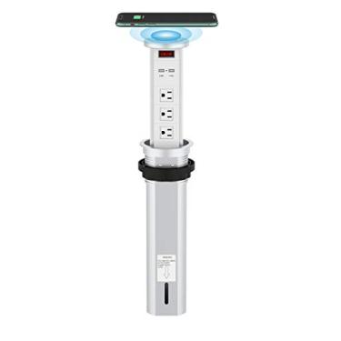 Imagem de Tomada de alimentação embutida retrátil retrátil com proteção contra surtos de aumento automático 2 estações de carregamento USB e 3 plugues CA com carregador sem fio para a ilha da cozinha, mesa de conferência