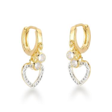 Imagem de Brinco Argola Com Ponto De Luz E Pingente Coração Banhados A Ouro 18k