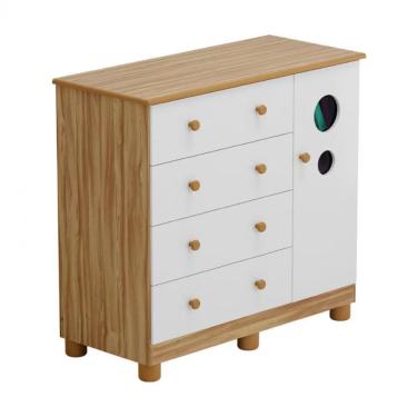 Imagem de Cômoda Infantil Duda Plus 4 Gavetas 1 Porta em MDF com Puxador Plástico Branco com Amêndoa