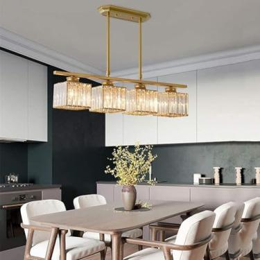Imagem de Lustre De Cristal Moderno Luzes Pendentes Douradas, 4 Luzes Retangulares Led Luz De Teto Lâmpada Suspensa De Cristal Para Sala De Estar, Sala De Jantar, Quarto