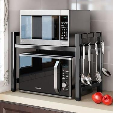 Imagem de inthome Suporte de prateleira de micro-ondas de 2 níveis, rack de armazenamento de altura ajustável, bancada expansível para forno de micro-ondas, aço carbono, 6 ganchos e suporte de tábua de corte