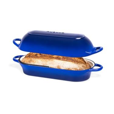 Imagem de Panela de pão de ferro fundido esmaltado – forno holandês para assar pão de fermento – panela antiaderente segura para forno – retangular, azul escuro, 34 cm x 16 cm – por Nuovva