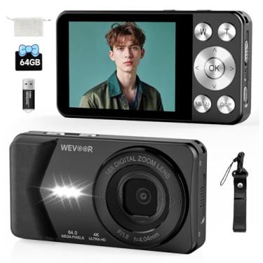Imagem de Câmera digital 4K, câmera digital Wevoor 64 MP Point and Shoot com foco automático, zoom 18X, 20 filtros, cartão SD de 64 GB, bateria de 2000 mAh, câmera vlogging compacta de tela de 2,8 polegadas