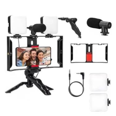 Imagem de Kit de Vídeo para Smartphone com Suporte, Microfone, Luzes LED, Tripé Mini, Cabo de Áudio, Acessórios para Gravação Móvel, Preto