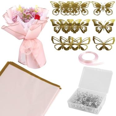 Imagem de ZJRDYYK Papel de embrulho para buquê de flores, kit de buquê de papel de embrulho de flores com 12 peças de decoração de borboleta dourada 3D e 100 pinos e fita de cetim de 24 metros, papel de