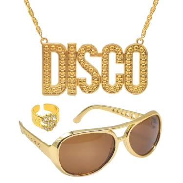 Imagem de Conjunto de acessórios de roupas Disco 60s 70s 3 peças, colar de corrente de discoteca, óculos de sol dourados, anel de símbolo de dólar, joias de discoteca dos anos 70, fantasia para homens e