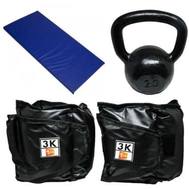 Imagem de Kit Colchonete Azul + Par de Caneleira 3Kg + kettlebell Pintado 20kg -