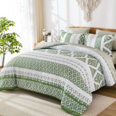 Imagem de Luxudecor Conjunto de edredom verde King Size 7 peças, edredom asteca boho com jogo de cama, estampa geométrica listrada em uma bolsa, conjunto de cama de microfibra macia 264 x 228 cm