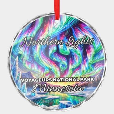 Imagem de Enfeite de Natal de cristal Northern Lights Voyageurs National Park Minnesota, Aurora Boreal, disco redondo de 7,6 cm (0,6 cm de espessura) com bordas chanfradas – Lembrança de viagem de Minnesota