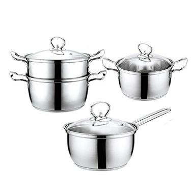 Imagem de Conjunto de panelas e frigideiras de aço inoxidável de 3 peças, seguro para indução, panela, caçarola, pote de leite, com tampa de vidro, alça confortável, adequado para fogão a gás e indução, refogar