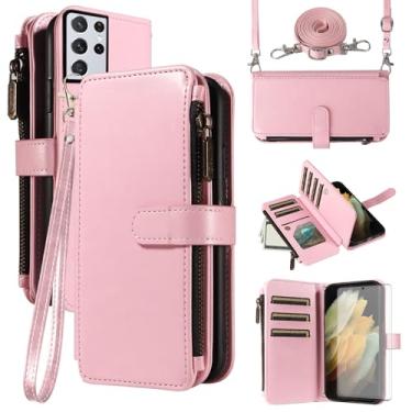 Imagem de Asuwish Capa de celular para Samsung Galaxy S21 Ultra 5G com protetor de tela de vidro temperado e cordão com zíper, porta-cartões, suporte para cartão, acessórios para celular S21ultra 21S S 21