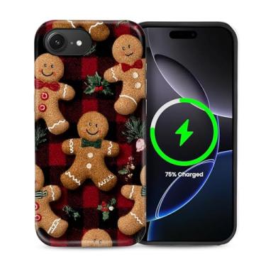 Imagem de heindiy Capa para iPhone 16e, compatível com MagSafe, capa brilhante, proteção total, à prova de choque, anti-arranhões, capa de TPU, capas para homem mulher - Natal gengibre preto vermelho xadrez