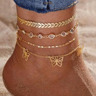 Imagem de Tornozeleira minimalista com pingente de borboleta dourada, joia de pé com corrente de cristal em camadas, perfeita para moda de praia e verão