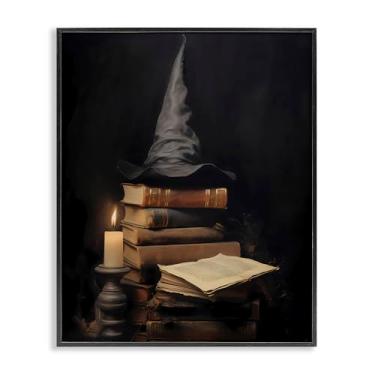 Imagem de Stupell Industries Bookstack and Witch Hat Arte giclée emoldurada preta, design por LSR Design Studio, 76 x 61 cm