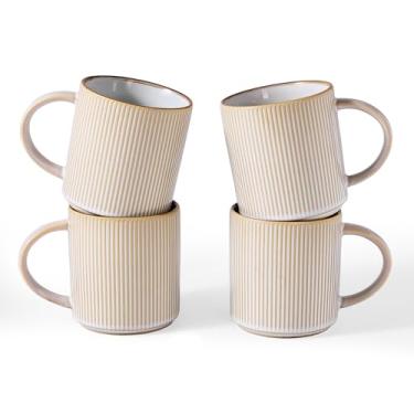 Imagem de famiware Conjunto de canecas de café para 4, Star 473 ml, conjunto de canecas de bufê com alça para café, chá, cacau, leite - conjunto de utensílios de cerâmica de grés, cappuccino branco