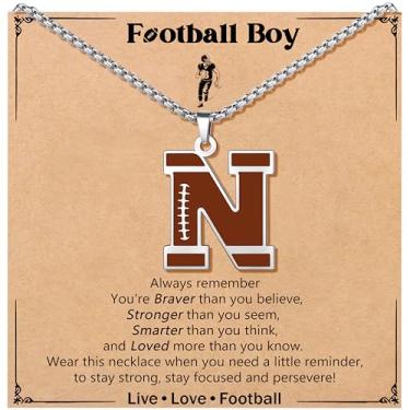 Imagem de JoycuFF Colar de futebol masculino com inicial A-Z, pingente de pingente de futebol em corrente de prata de aço inoxidável, presente de Natal personalizado para filho, neto e sobrinho, Aço inoxidável