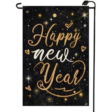 Imagem de Feliz Ano Novo Bandeira de Jardim 30,5 x 45,7 cm Vertical Dupla Face Estrela Coração Celebração Pequenas Bandeiras Casa de Fazenda Decoração Externa para Quintal XN06