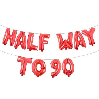 Imagem de Faixa de balão multicolorido Halfway To 90 - Banner Happy 45th Birthday Party - Decorações e suprimentos para festa de 45º aniversário - Decorações de aniversário de 45 anos (caminho até 90 vermelho)