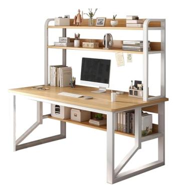 Imagem de Mesa de computador, mesa de estudo de escrita para economia de espaço, mesa simples moderna com prateleiras de armazenamento abertas, estrutura de metal, mesa de trabalho para escritório doméstico A