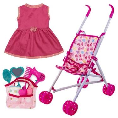 Imagem de Kit Carrinho DM Toys + Vestido Oxford Menina e Bolsinha Maternidade - 