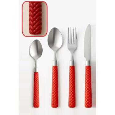 Imagem de Conjunto de Talheres 24 Peças em Aço Inox com Cabo Plástico Texturizado - (Garfo, Faca, Colher de mesa e Colher de Sobremesa)