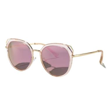 Imagem de Óculos de sol Cat Eye para mulheres, lentes polarizadas retrô, armação redonda, moderno, para dirigir na praia, férias UV400, Rosa espelhado, Lens Width: 53 Millimeters
