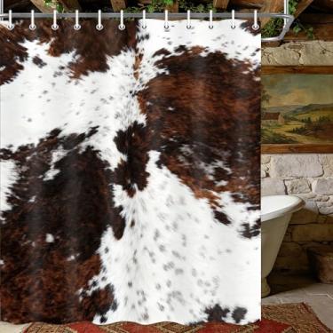 Imagem de JAWO Cortina de chuveiro de vaca marrom, cortina de banheira com estampa de pele de vaca preta e branca, decoração de banheiro de pele de animal de fazenda ocidental com ganchos