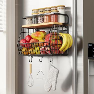Imagem de Prateleira magnética para geladeira com tampa de madeira, organizadores de armazenamento de cebola e batata, cesta de pendurar na parede com 4 ganchos, suporte magnético para temperos para geladeira e