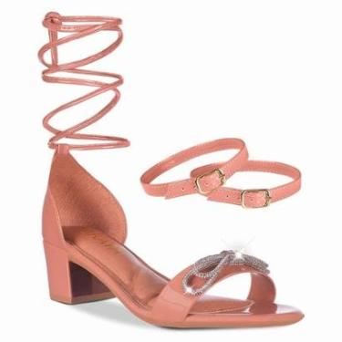 Imagem de Sandália Feminina Saltinho Bloco Quadrado Laço Strass Tira de Amarrar Verniz  A3.44-Feminino