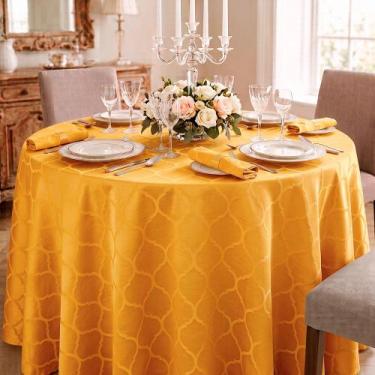 Imagem de Toalha de Mesa Redonda em Tecido Jacquard Amarelo Ouro Geométrico Trad