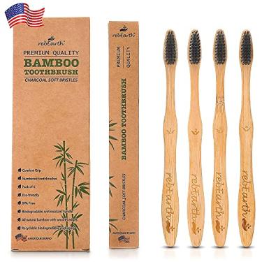 Imagem de Escova de dentes de bambu I Cerdas macias melhores para gengivas sensíveis, Carvão I Vegano I Madeira natural I BPA Fee I Reciclável I Compostable I Biodegradable | Ecológico | Pacote com 4 | Marca americana