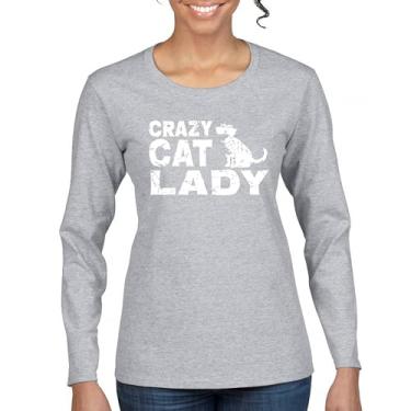 Imagem de Crazy Cat Lady Camiseta feminina manga longa divertida amante de gatinhos animais de estimação mãe feline rainha miau gatos humor mamãe sarcástica, Cinza, GG