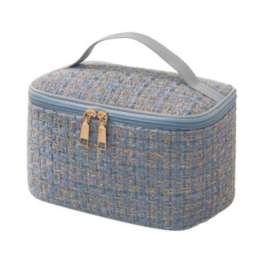 Imagem de Bolsa de maquiagem de viagem feminina com alça xadrez tweed malha saco de armazenamento de cosméticos sortido grande capacidade moda escova bolsa (azul)