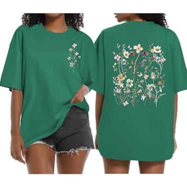 Imagem de Wrenpies Camiseta feminina com estampa floral boêmia, vintage, flores silvestres, cottagecore, jardins, amantes do jardim, Verde, P