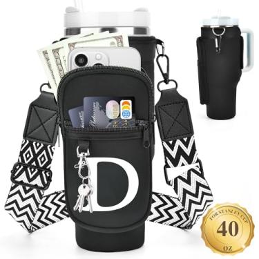 Imagem de LOKASS Suporte de garrafa de água personalizado com alça para acessórios Stanley Cup Tumbler de 1,134 g, bolsa de transporte inicial para garrafa de água com bolso para telefone, para mulheres, ideal