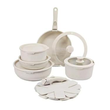Imagem de Conjunto de panelas e frigideiras antiaderentes com alça removível, conjunto de panelas seguro para forno, dezessete peças brancas, uma