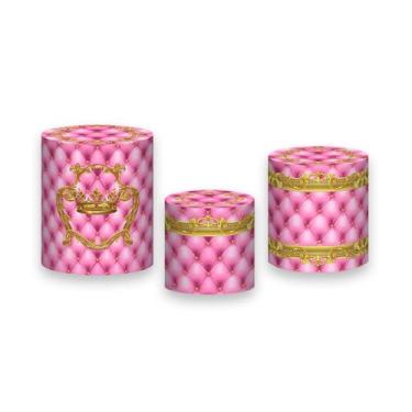 Imagem de Trio de Capas de Cilindro - Realeza Capitonê Rosa Suave e Dourado 037 