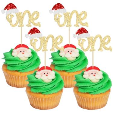 Imagem de Gyufise 24 peças de enfeite de cupcake de Natal com glitter, chapéu de Papai Noel, palitos de cupcake de primeiro aniversário, tema de Natal, chá de bebê, crianças, decoração de bolo de 1º