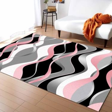 Imagem de LBCASA Tapete Retangular Grande com Suporte de Borracha Antiderrapante Rosa Preto e Cinza - Tapete para Sala de Estar, Quarto, Casa, Escritório, Moderno, Arte Abstrata, Geométrico, 4' x 6'