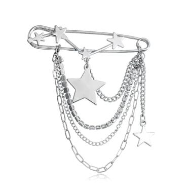 Imagem de Broche de corrente de borla de lua estrela dourada broche de pingente de colar para mulheres homem cristal lua estrela broche de colar pinos de zircônia cúbica suéter clipes de xaile broche de