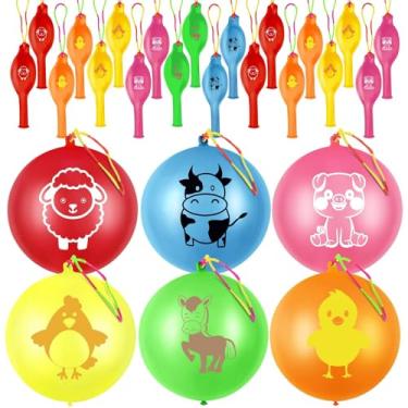 Imagem de 60 Pcs Punch Balloons Farm Animals Punch Balloons Bounce Balloon with Rubber Band Handle Punching Balloon Heavy Duty Farm Themed Punch Balloon for Kids Farm Party Favors(Farm Animals Themed, 60)