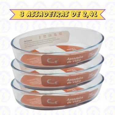 Imagem de Assadeira 2,4L Oval Vidro Temperado Forno Cozinha Travessa 3UNI - Casa